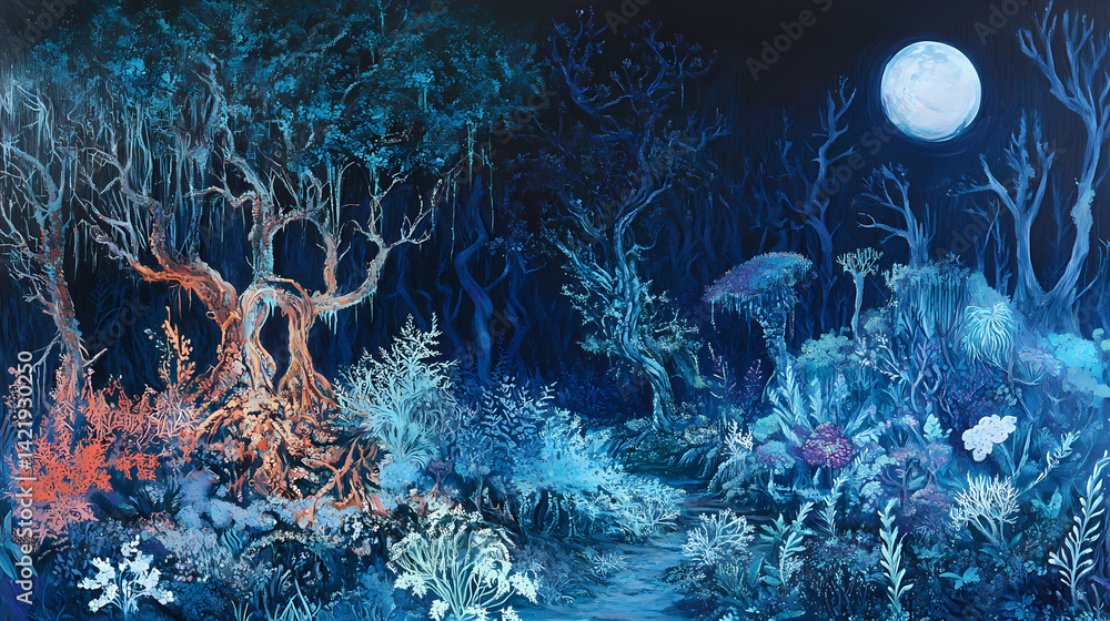 Enigmatic dark forest, warped trees and bioluminescent plants, blue-hued mist, a mix of fantasy and dread. Moonlit Warp. Illustration