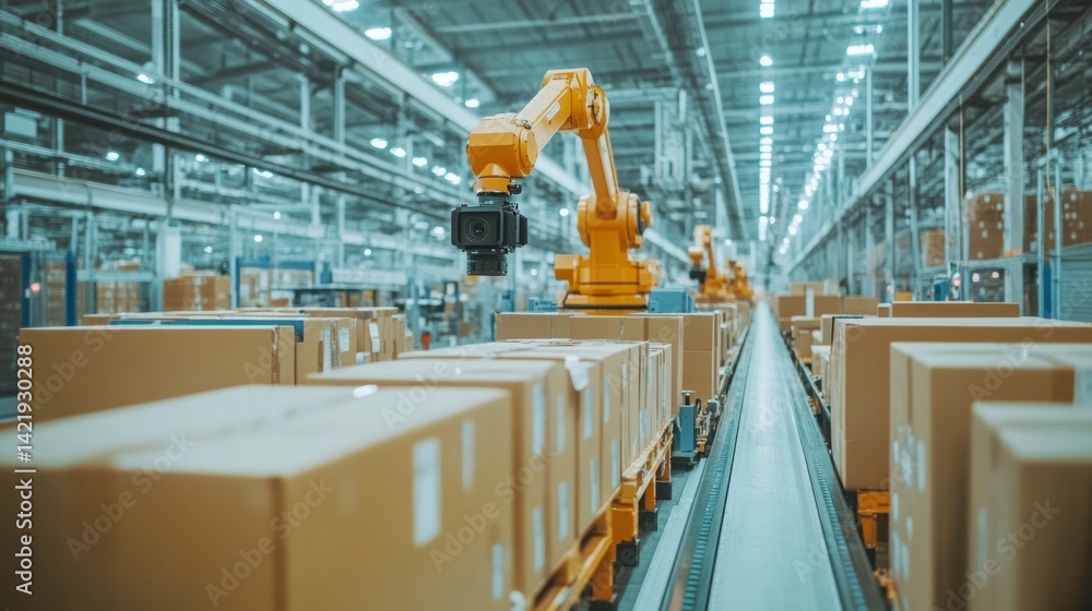 Naklejka premium Yellow robotic arm moving cardboard boxes along a conveyor belt in a modern warehouse or factory. Bright lighting, industrial setting.