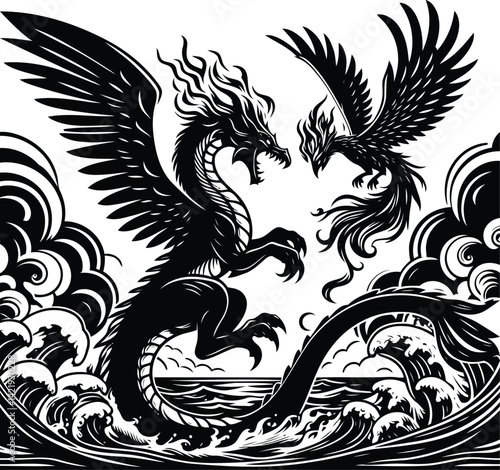 Phoenix and Leviathan Clashing in the Sky – Mythical Creatures in Fiery Fantasy Battle