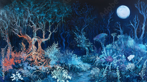 Obraz na płótnie Enigmatic dark forest, warped trees and bioluminescent plants, blue-hued mist, a mix of fantasy and dread. Moonlit Warp. Illustration w salonie