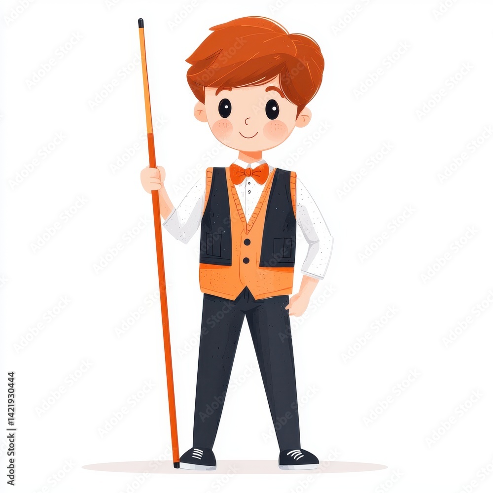 Cartoon Youngster in Vest Gripping Cue Stick Stands Attentively Ready for a Pool Game Cartoon Youngster in Vest Gripping Cue Stick Stands Attentively Ready for a Pool Game