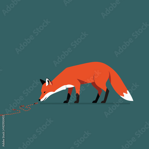 Fox sniffing red ants on dark teal background in minimalist animal illustration style 