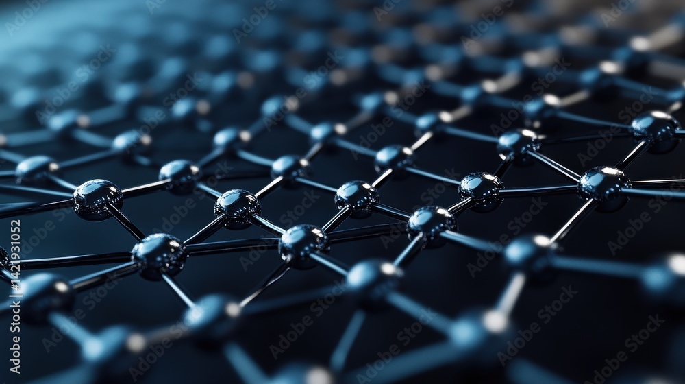 Fototapeta premium Metallic spheres connected by lines forming a repeating pattern in blue