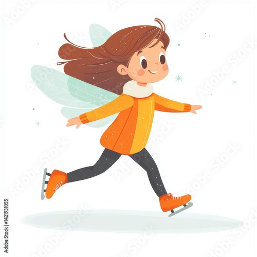 Whimsical Fairy Child Ice Skating Adventure on a Crisp Winter Day with Pastel Wings and Orange Skates