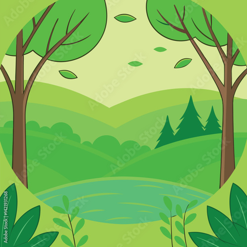 Serene, verdant landscape with trees, hills, and a pond