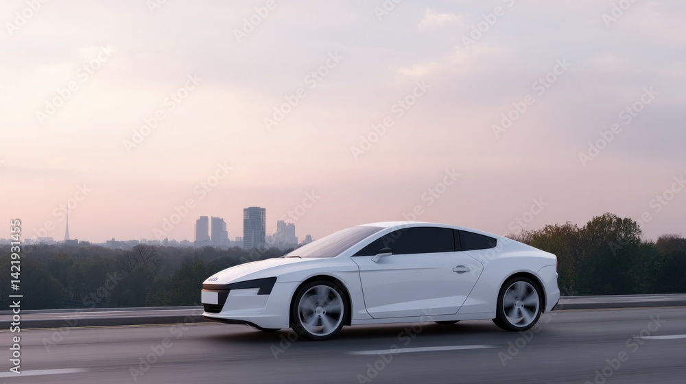 sleek autonomous electric vehicle navigating futuristic urban street at twilight sleek autonomous electric vehicle navigating futuristic urban street at twilight