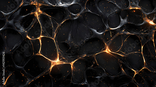 Neural network style glowing threads on obsidian base forming adaptive grid pattern, futuristic data visualization, abstract background material for design. Obsidian Threads. Illustration