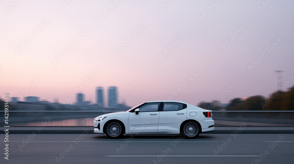 sleek autonomous electric vehicle navigating futuristic urban street at twilight sleek autonomous electric vehicle navigating futuristic urban street at twilight