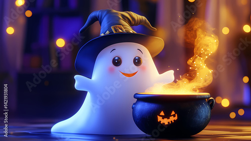Obraz na płótnie A cheerful ghost wearing a witch hat beside a bubbling cauldron, perfect for halloween decorations and festive themes. Phantom Foam. Illustration w salonie