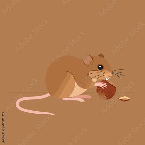 Brown mouse eating a nut on brown background simple animal illustration vector art 