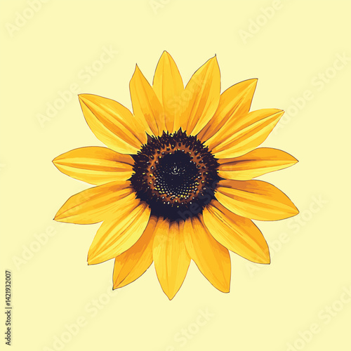 Cheerful 2D sunflower mascot, playful pastel yellow and green, minimalistic clean design