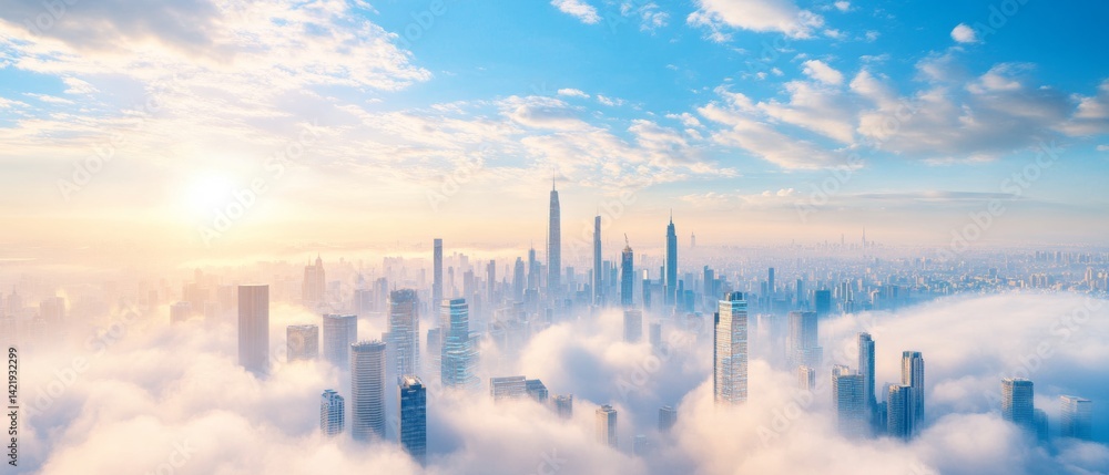 Fototapeta premium Aerial view of futuristic megacity at sunrise with volumetric clouds and skyscrapers