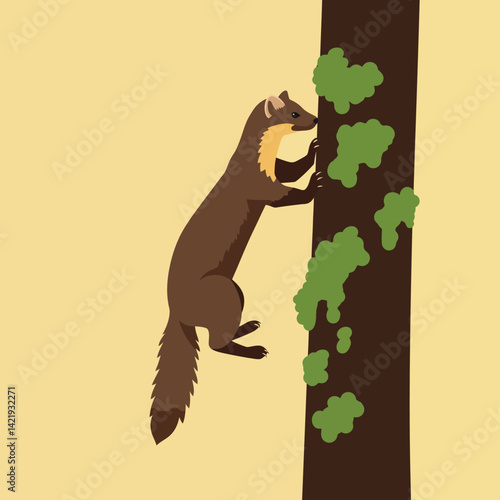Brown squirrel climbing tree trunk with green moss on beige background in square format digital illustration 