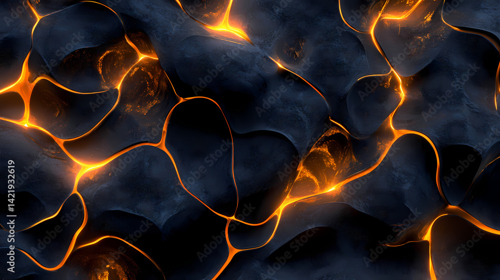 Neural network style glowing threads on obsidian base forming adaptive grid pattern, futuristic data visualization, abstract background material for design. Obsidian Threads. Illustration