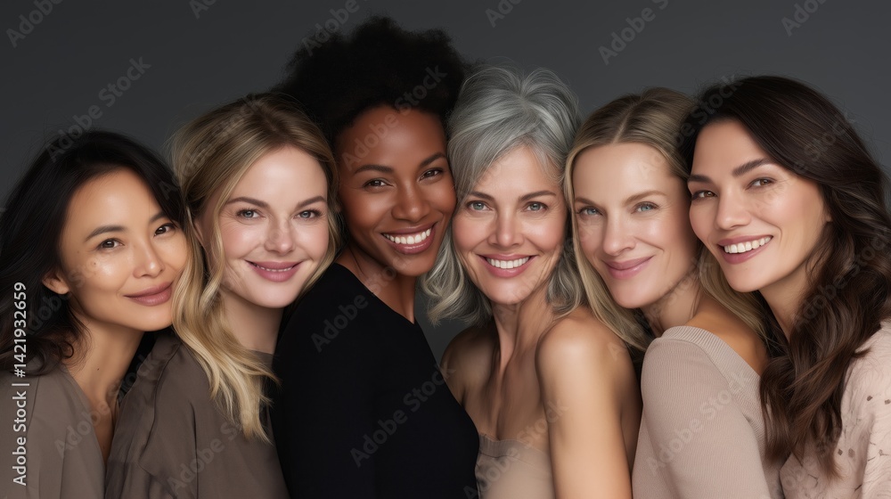 A diverse group of beautiful women with different skin tones, from black to white with natural beauty and glowing smooth skin A diverse group of beautiful women with different skin tones, from black to white with natural beauty and glowing smooth skin