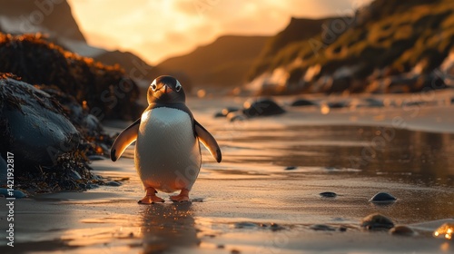 Gentoo penguin chick walking on beach at sunset.
