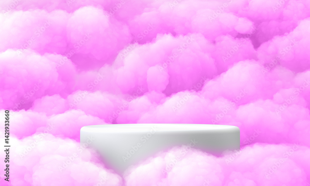 Surreal 3D render white podium amid pink clouds In center of screen