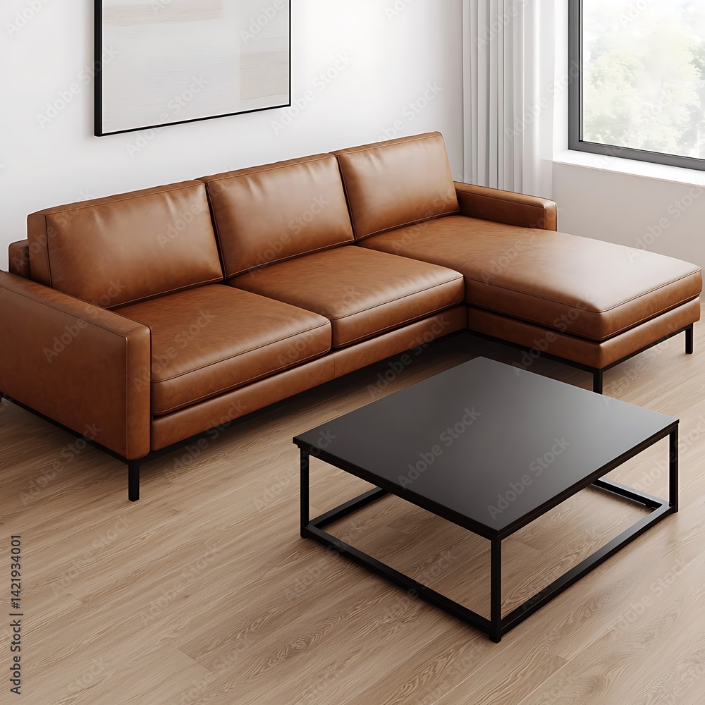 Modern Living Room with Brown Sectional Sofa and Black Coffee Table on Wood Floor, Minimalist Design.