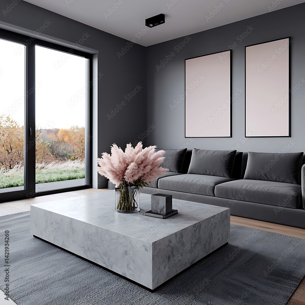 Modern living room with gray sofa, marble coffee table, natural light, and blank art frames displaying minimalist design.