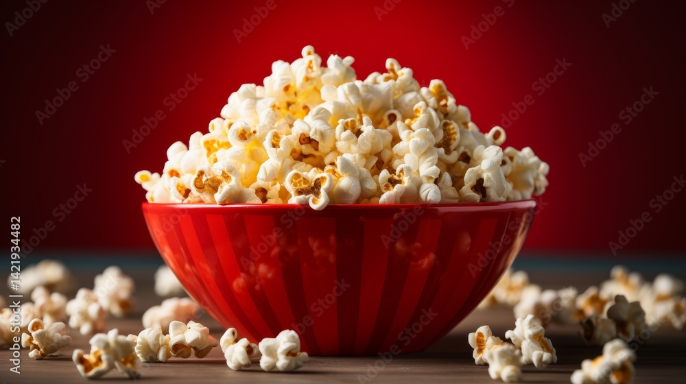 Close up of popped pop corn in bowl red background copy space Close up of popped pop corn in bowl red background copy space