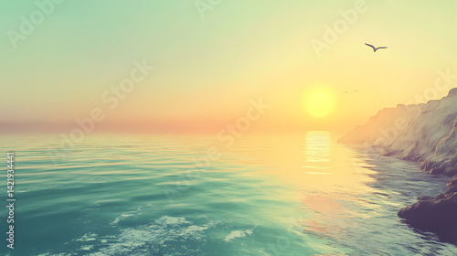 Calm horizon: a serene vista of tranquil ocean waters meeting a soft, hazy sky, evoking peace and stillness. Hazy Waters. Illustration