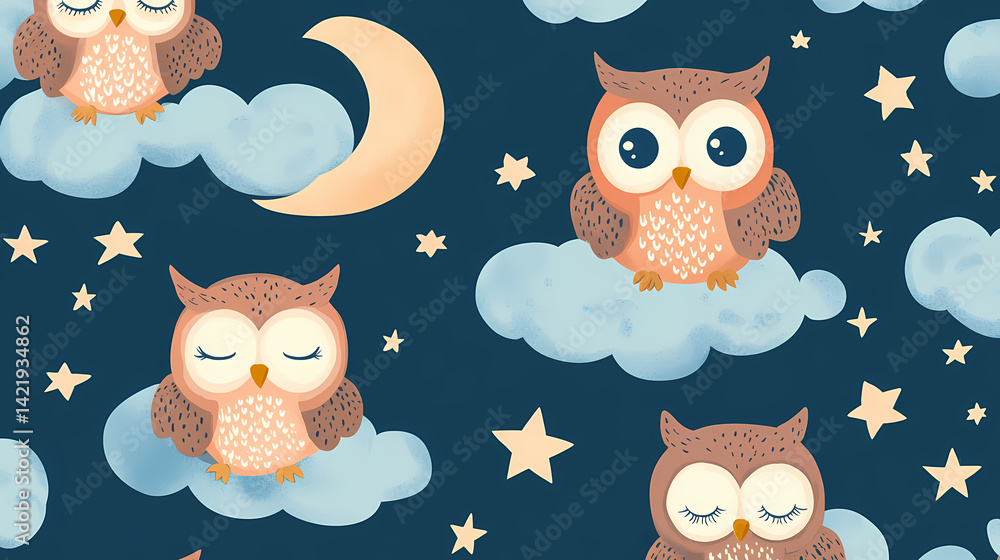 Adorable owls stars moon clouds nursery seamless pattern design. Dream-Laced Fabric. Illustration