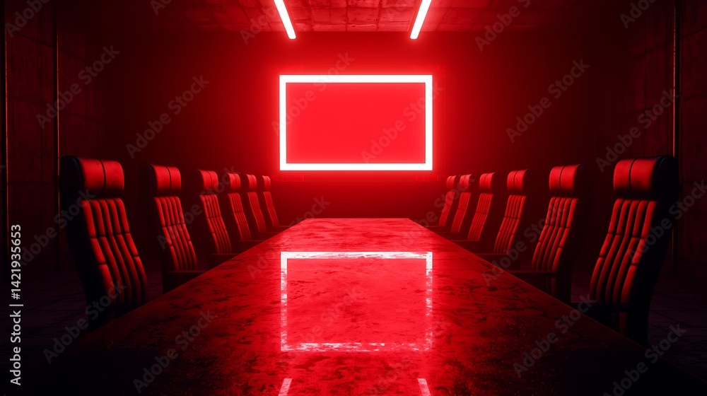 Modern meeting room with red neon lighting, long table and executive chairs for a futuristic corporate environment.