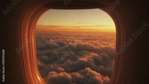 Stunning view from air plane window, mesmerizing sunset above blanket of clouds. Vibrant orange horizon. Fluffy cloud. Serene sky scene, adventure tranquility. Travel, exploration, beauty of nature.