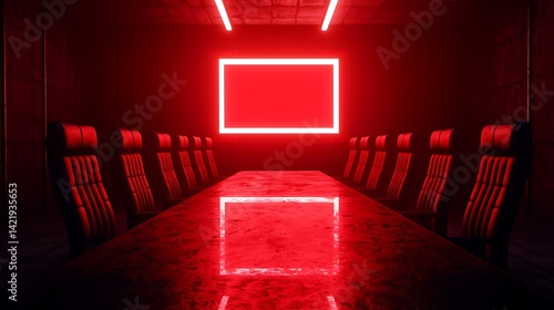 Obraz na płótnie Modern meeting room with red neon lighting, long table and executive chairs for a futuristic corporate environment. w salonie