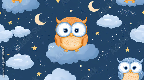 Adorable owls stars moon clouds nursery seamless pattern design. Dream-Laced Fabric. Illustration