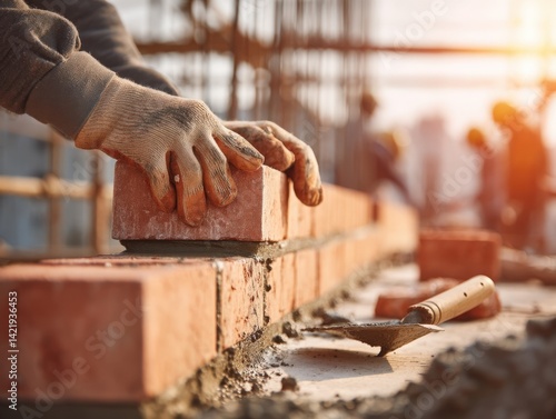Careful bricklayer laying red bricks on a construction site, symbolizing building, progress, and craftsmanship. Ideal for construction companies, real estate developers, and home improvement services.