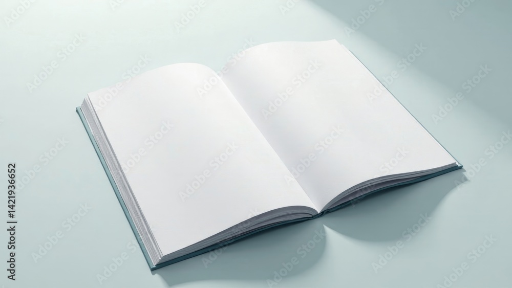 Blank pages of an open book resting on a pale blue surface, bathed in soft light, ready for your story or design Blank pages of an open book resting on a pale blue surface, bathed in soft light, ready for your story or design