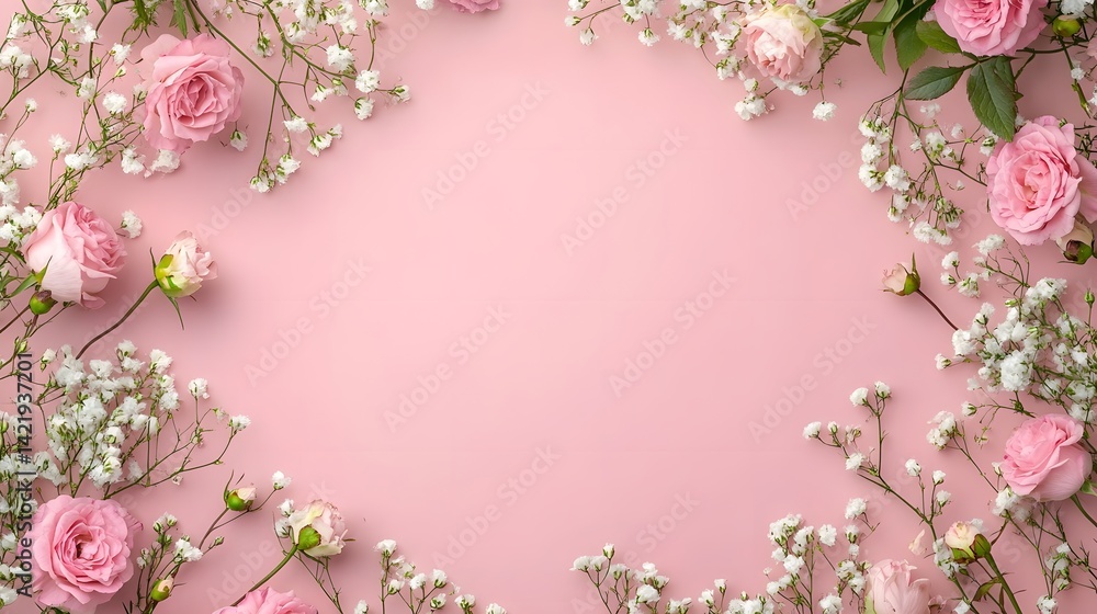 Fototapeta premium Delicate floral arrangement in a pastel pink border.