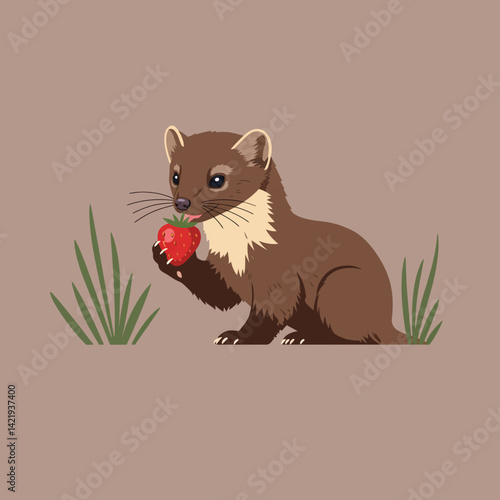 Pine marten animal holding ripe red strawberry with green leaves on brown background digital illustration 