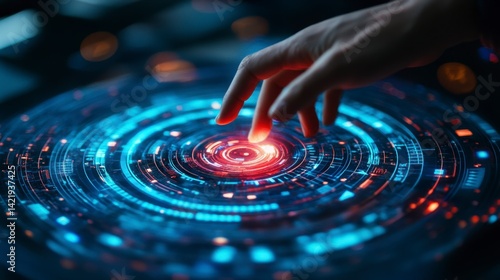 A hand interacts with a glowing circular technological interface, featuring intricate blue and red circuitry patterns.