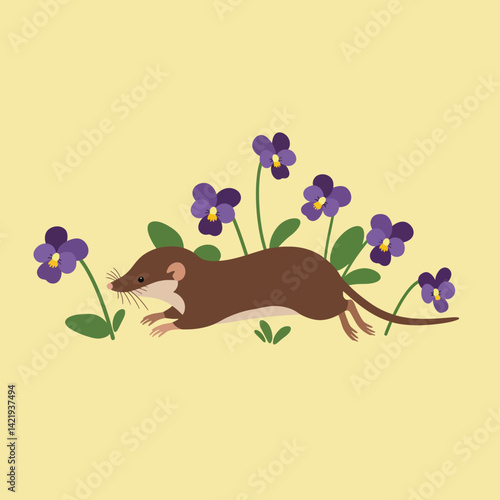 Brown weasel surrounded by purple violet flowers on pale yellow background simple nature illustration 