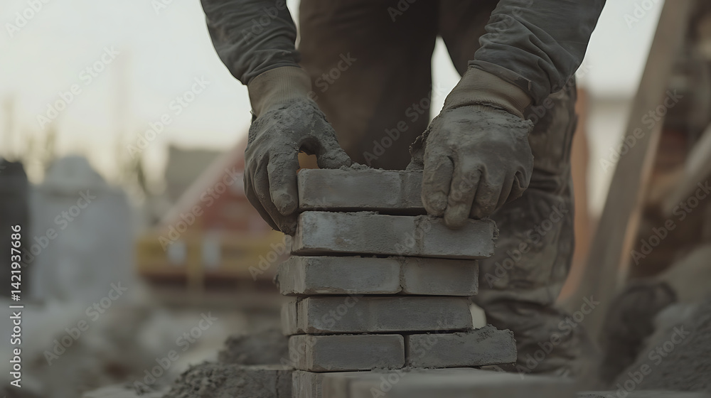 Construction Worker Stacking Bricks