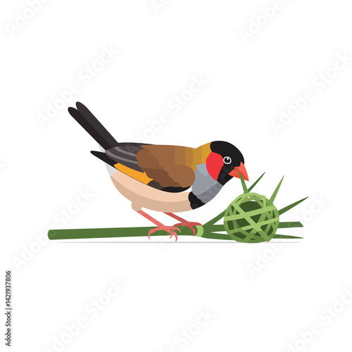 Small colorful bird constructing nest with green woven material on branch in natural habitat 