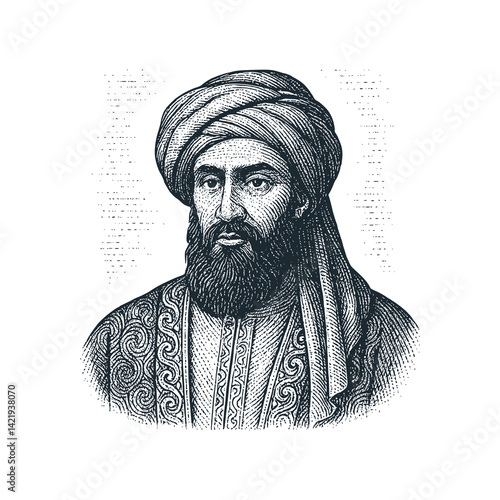 Black white vector illustration of a traditional Bedouin Arab leader in vintage engraved portrait style, symbolizing desert nobility and heritage.