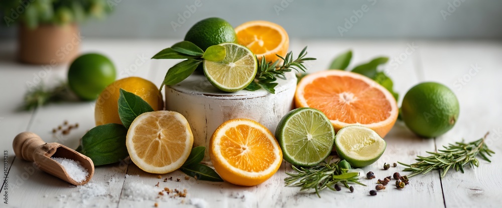 Citrus arrangement with herbs and spices. Sliced lemons, limes, oranges, rosemary, salt on wooden surface Citrus arrangement with herbs and spices. Sliced lemons, limes, oranges, rosemary, salt on wooden surface