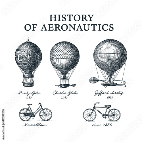 Black White Vector Illustration of the History of Aeronautics: A Vintage Engraved Infographic