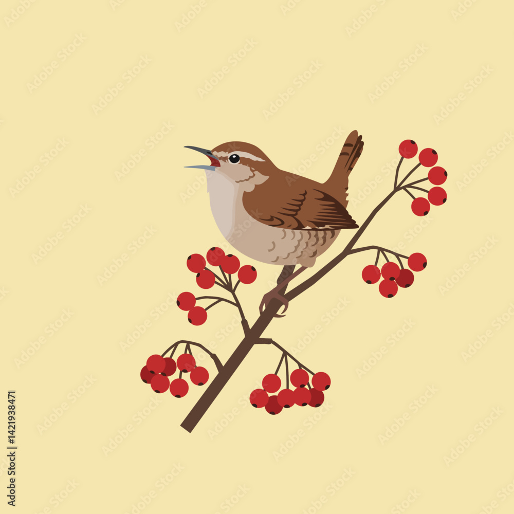 Fototapeta premium Brown wren bird perched singing on red berry branch in simple beige background illustration 