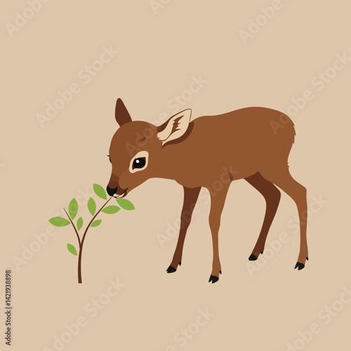 Young brown deer nibbling green leafy twig on beige background in simple flat style digital illustration 