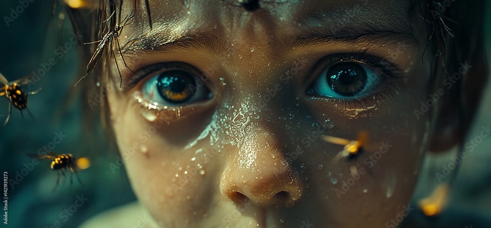 Intense Close-Up of a Child's Face with Flying Insects Evoking Unease Intense Close-Up of a Child's Face with Flying Insects Evoking Unease