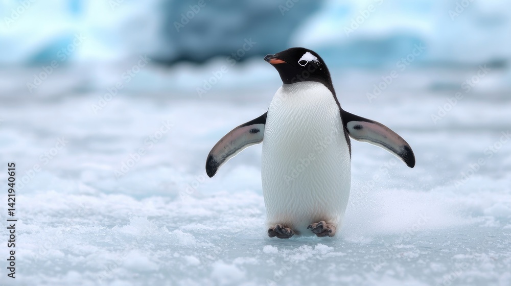 Naklejka premium A penguin on ice. A single penguin waddles across a snowy, icy landscape. Its wings are outstretched, and it appears alert