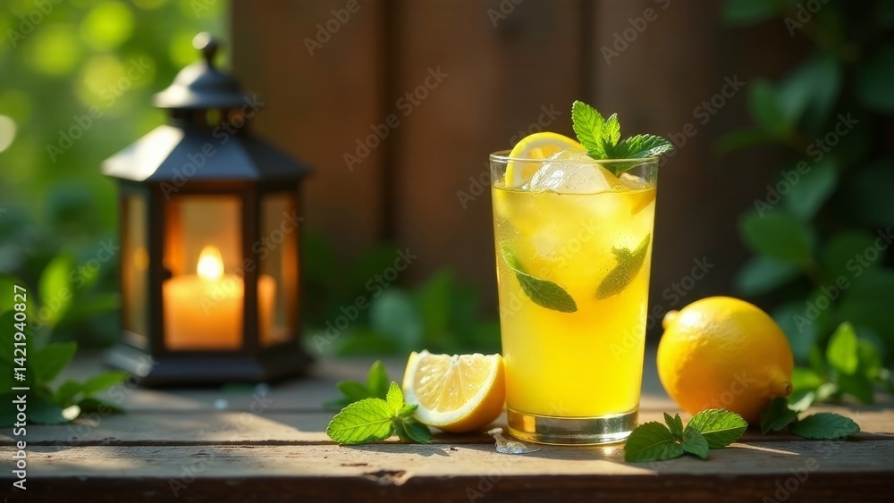 Refreshing summer beverage with citrus and mint garnishes, next to a lit lantern on a wooden surface Refreshing summer beverage with citrus and mint garnishes, next to a lit lantern on a wooden surface