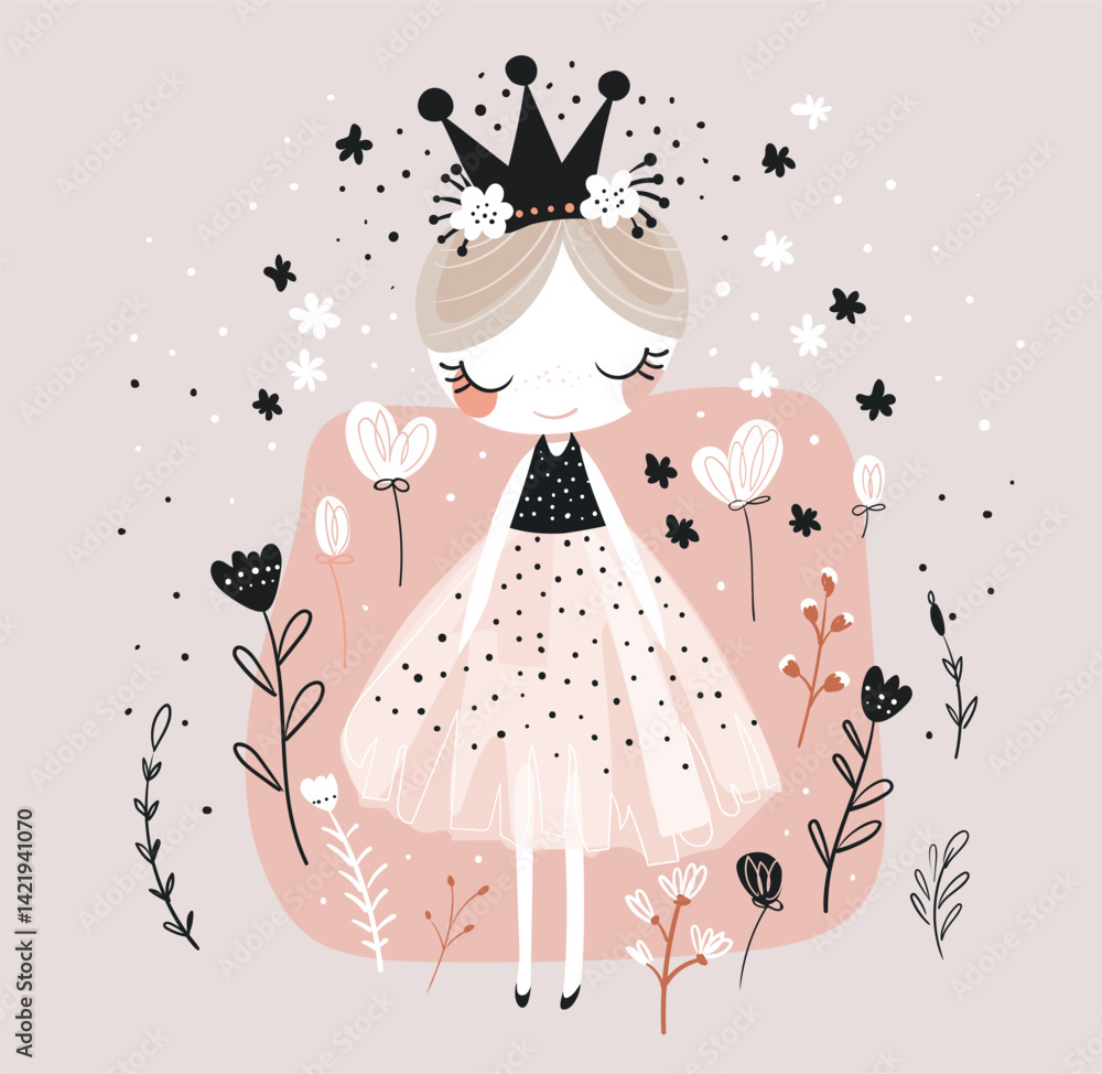 Fototapeta premium Cute little princess print for kids room. Girl in dress with crown on background with flowers, birthday card, flat vector poster.