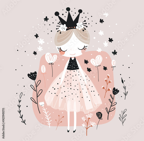 Cute little princess print for kids room. Girl in dress with crown on background with flowers, birthday card, flat vector poster.