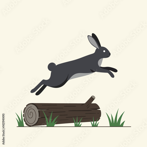 Black rabbit leaping over wooden log with green grass on light background in minimal style 