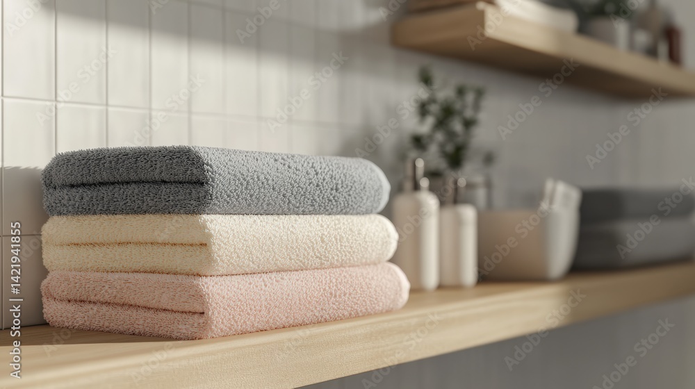 Stacked Towels on Shelf in Minimalistic Bathroom Interior Stacked Towels on Shelf in Minimalistic Bathroom Interior
